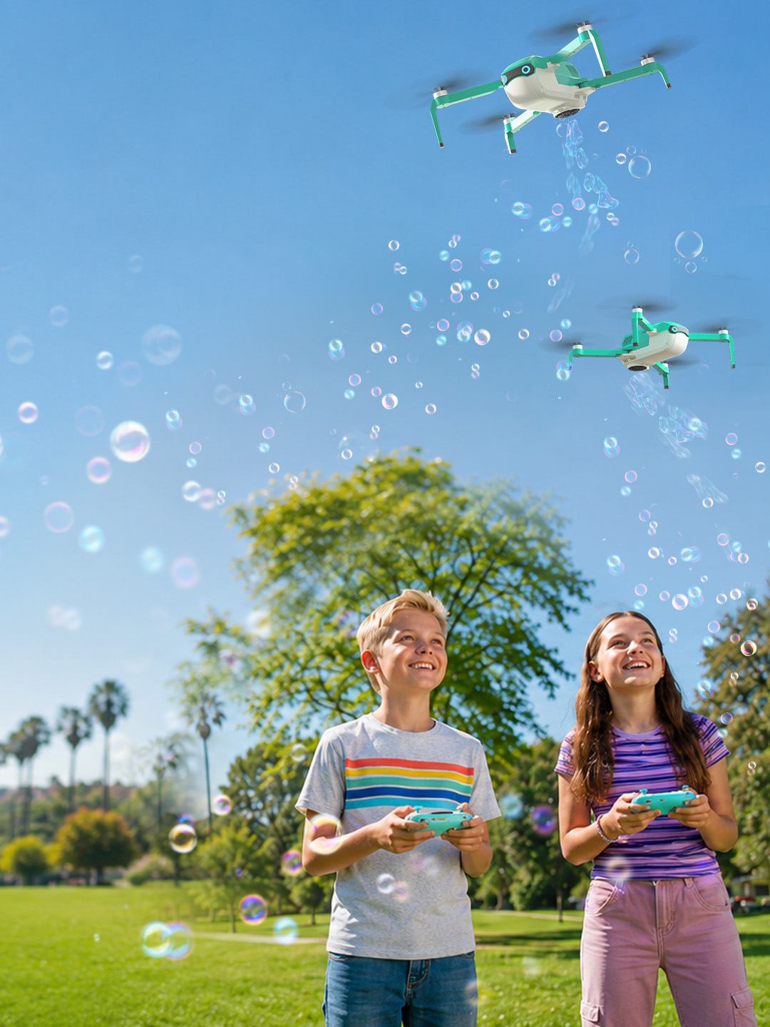 Kids playing outdoors with the HS320 flying bubble drone